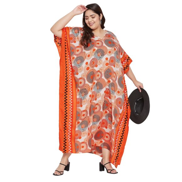 Women Plus Size Fit and Flare Floral Printed Orange Kaftan Dress by Gypsie Blu - Picture 3 of 9